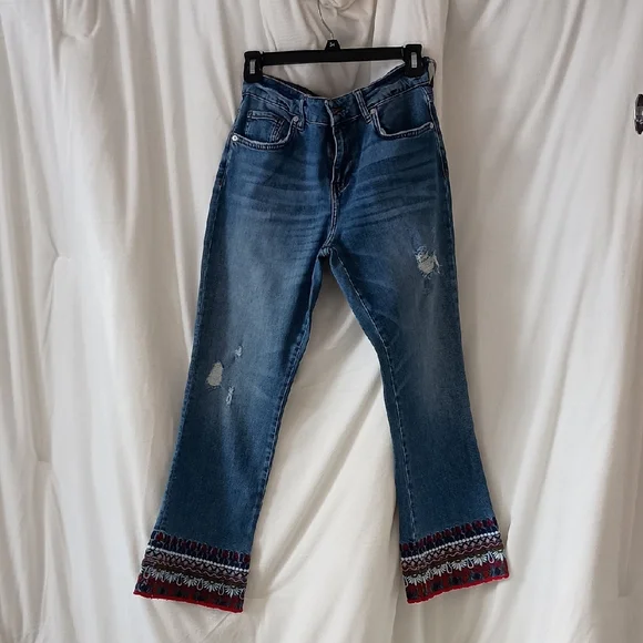 Pilcro And The Letterpress By Anthropologie Flare Jeans with Embroidered Red Hem - Picture 1 of 6